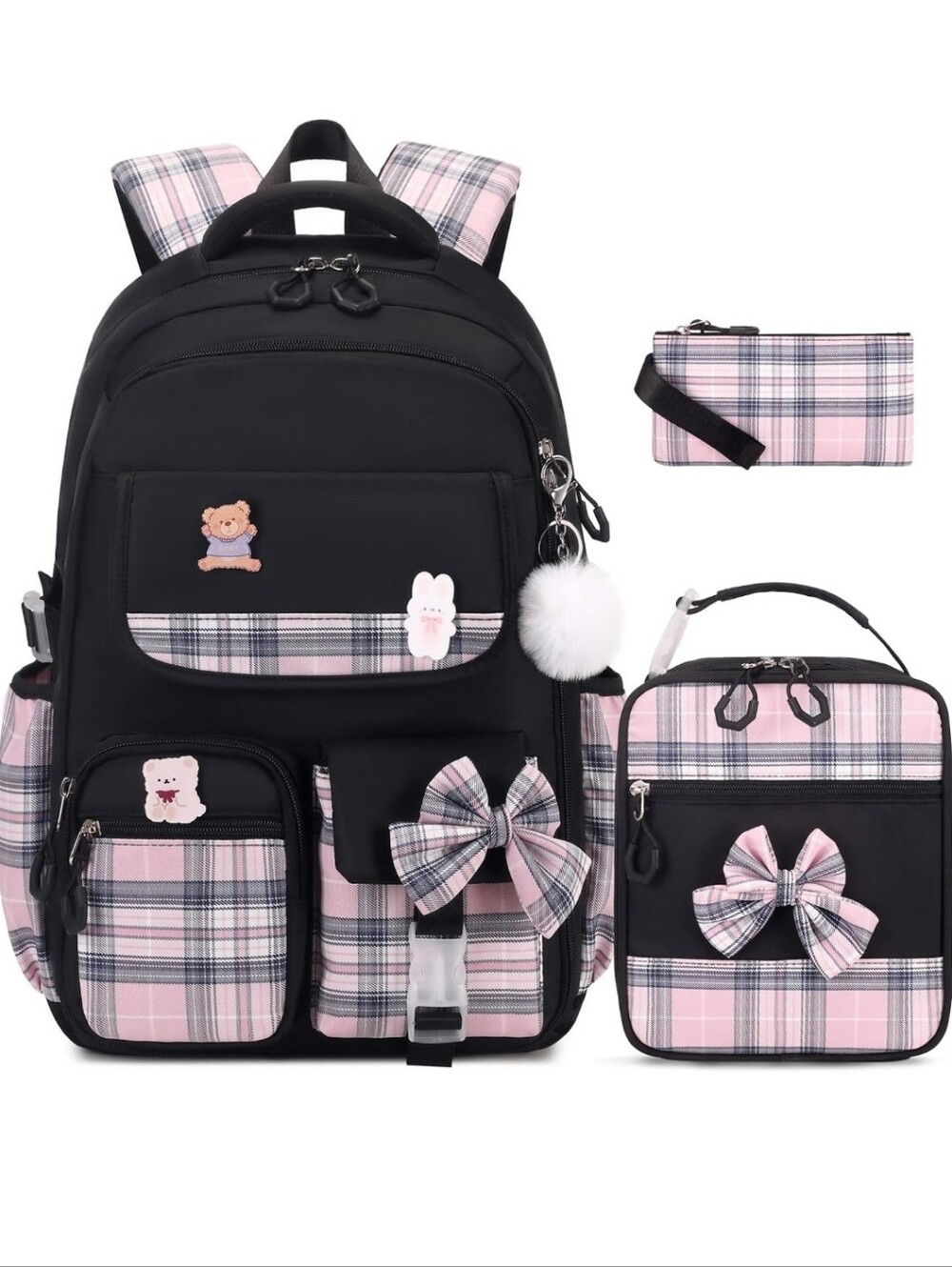 3pc Black & Pink Plaid Girls School Backpack, Lunch Bag, & Pencil Case Set- Bows